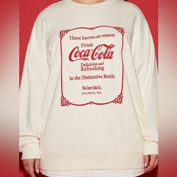 NWT Coca Cola white sweatshirt 0x white with red logos distressed neck line - Picture 4 of 10